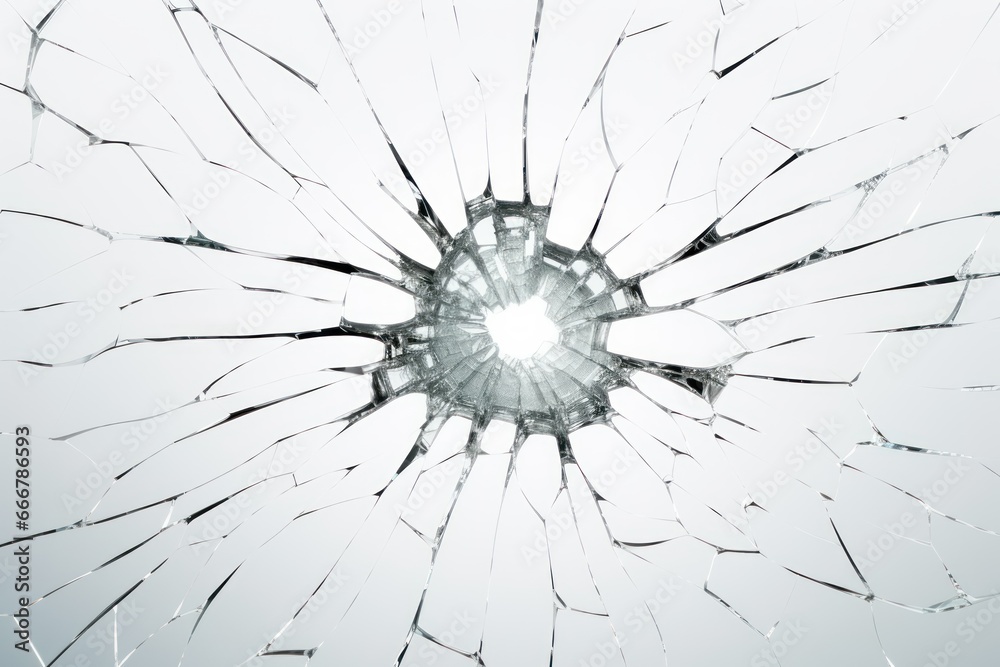 Abstract texture. Broken glass window with a hole in the middle and cracks. Glass shards. On a white background. Bullet hole in the glass. Copy Space. Textured Background.