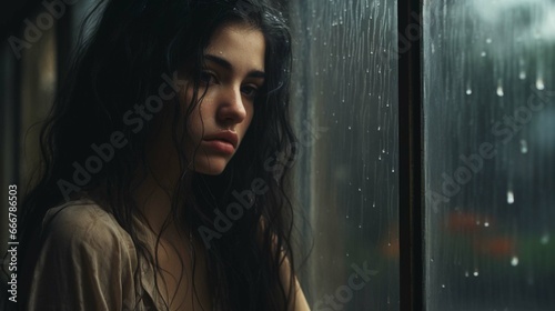 Melancholy and sad young woman at the window in the rain