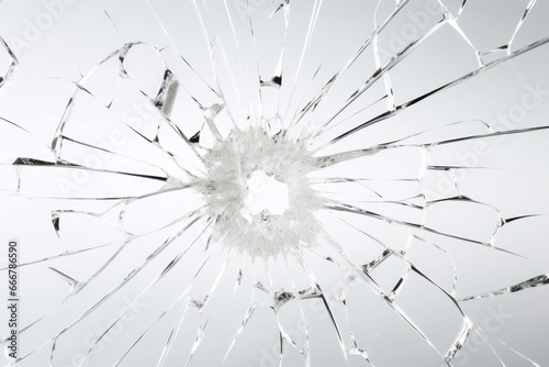 Abstract texture. Broken glass window with hole in the middle and cracks. Glass shards. On a white background. Bullet hole in the glass. With Copy Space. Textured Backdrop.