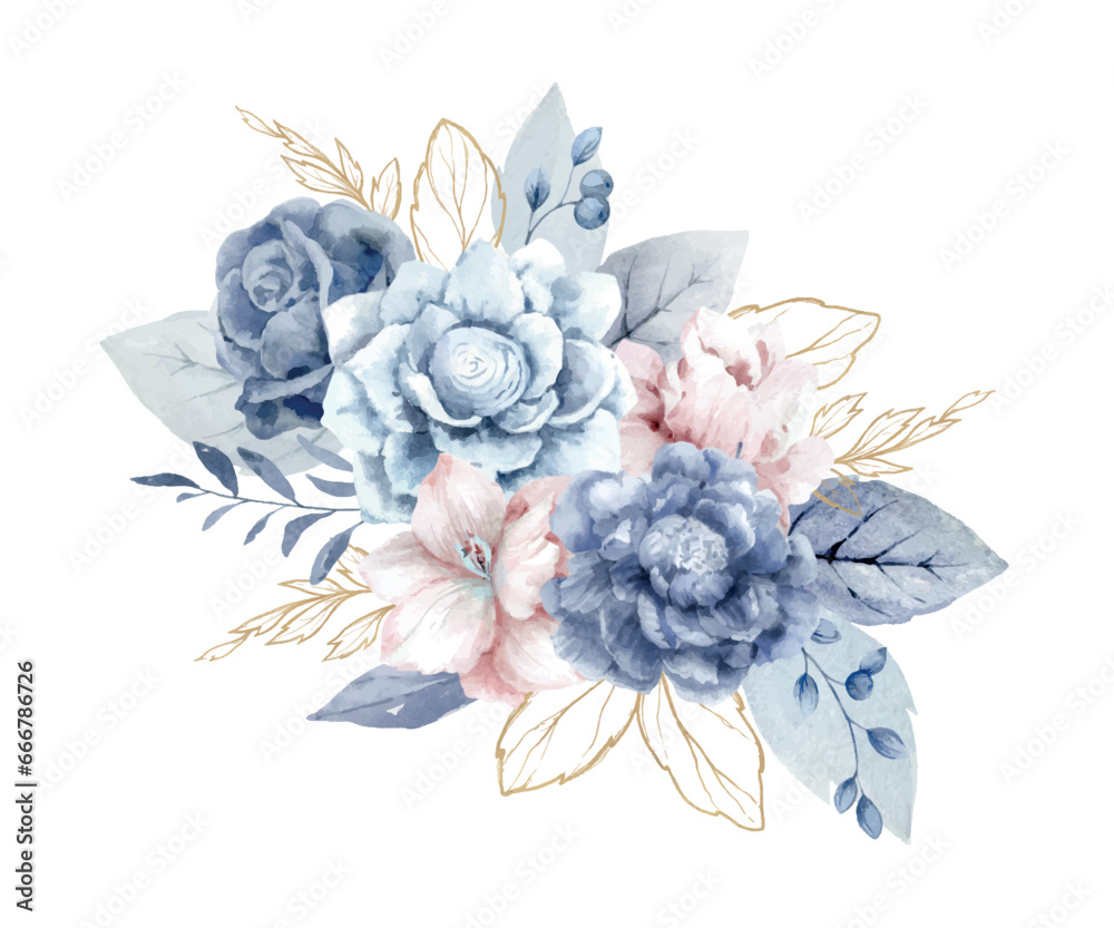 Watercolor vector floral illustration. Dusty blue, pink flowers and