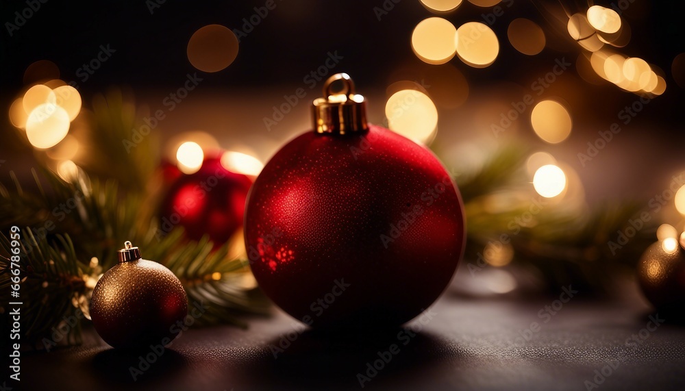 Celebration merry christmas, with decoration balls and tree on the background with warm lights bokeh
