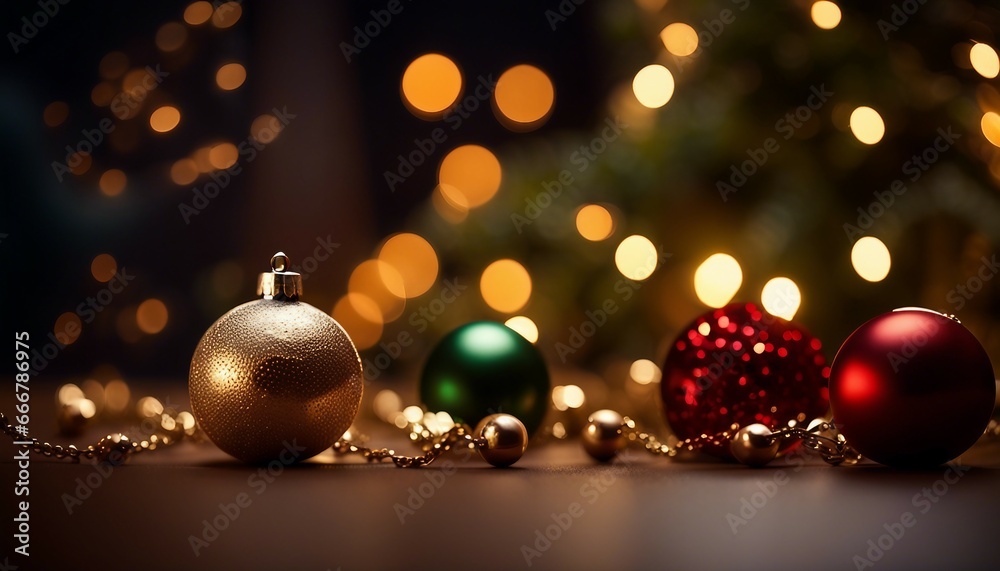 Celebration merry christmas, with decoration balls and tree on the background with warm lights bokeh Celebration merry christmas, with decoration balls and tree on the background with warm lights bokeh