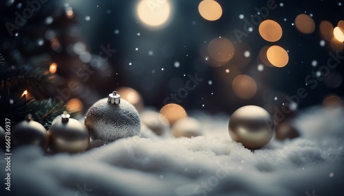 Celebrate merry christmas in winter, with decoration balls on the snow and tree around