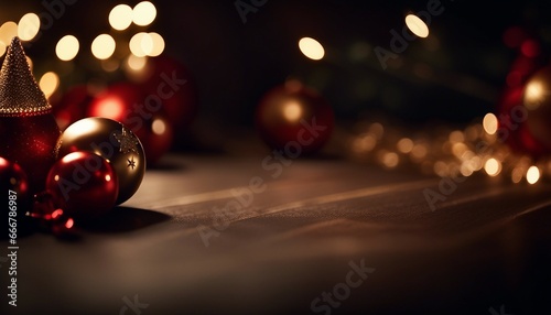 Celebration merry christmas, with decoration balls and tree on the background with warm lights bokeh