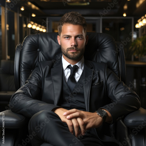 A handsome smiling businessman sitting in an armchair