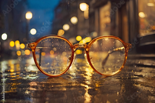 Poignant Image of Lost Glasses Lyng in the Rain on a Lonely Street Generative AI