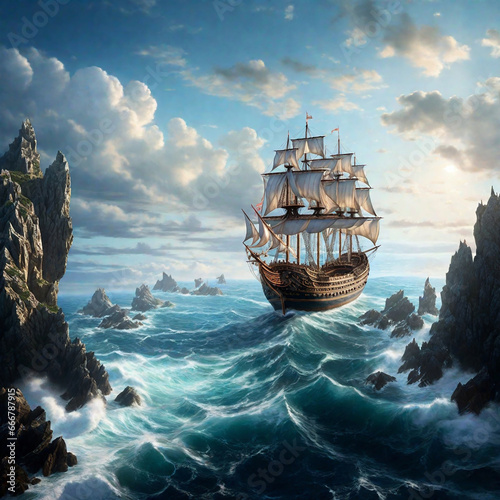 a seventeenth-century ship sails full sail across the sea