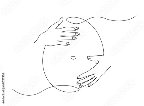 Continuous line drawing of a pregnant woman. One line drawing of a pregnant woman. Pregnant belly. Minimalist contour illustration of a happy mother.