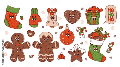 Christmas retro cartoon characters. Gingerbread man, Xmas sock, glove, ball, bell, gift and more. 60 -70s vibes sticker set in trendy groovy hippie style. Merry Christmas and Happy New Year.