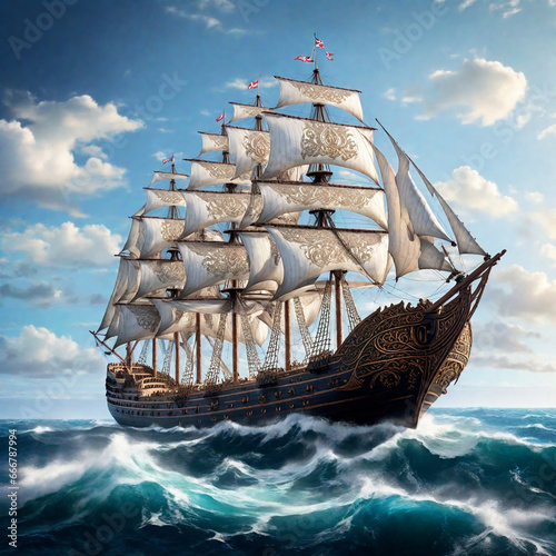 a seventeenth-century ship sails full sail across the sea
