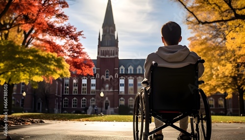 Young student in wheelchair at school entrance