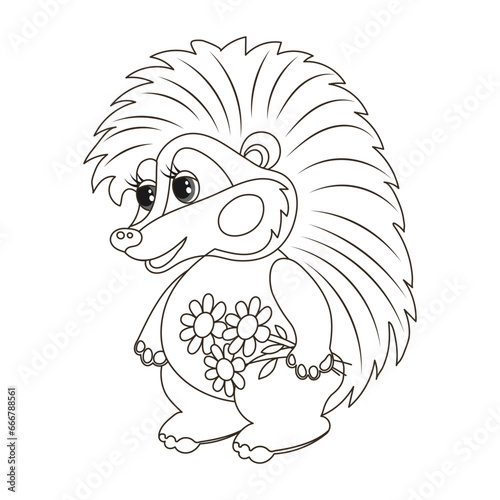Cute cartoon baby hedgehog with a bouquet of flowers. Sketch, outline drawing for a coloring book. Vector