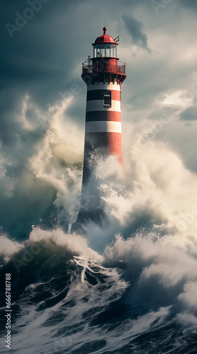 A lighthouse in the North Atlantic being battered by giant North Sea waves. Cinematic, insane detail, Realistic, water effects, with strong lightning hitting the lighthouse