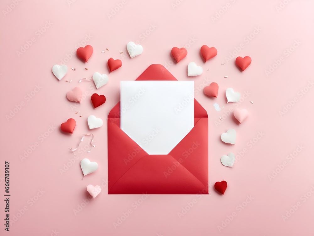 Envelope with white note mockup and hearts on pink background