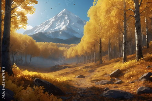 Magnificent Artistic Portrait of a Snow Covered Mountain Amongst the Beautiful Yellow Fall Trees Generative AI