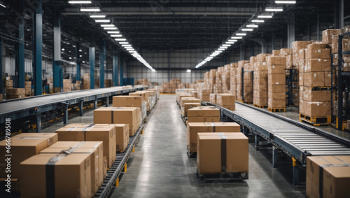 Huge conveyor belts in action in a transport company warehouse, carrying and packing goods into cardboard boxes, which are then sorted and sent to the appropriate departments