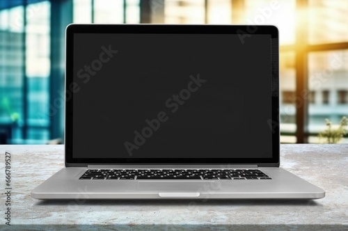 Laptop computer with blank screen on office desk, AI generated image photo