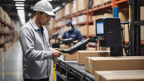 Modern technologies are used, such as POS terminals and conveyors. A warehouse worker scans items using a POS terminal to properly account for receipts and shipments. Logistics process in action photo