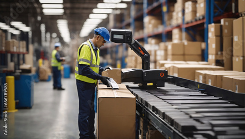 The production floor uses automated conveyors to sort boxes of finished products. Industrial tape speeds up the process. The logistics company pays great attention to the accuracy and speed of sorting photo