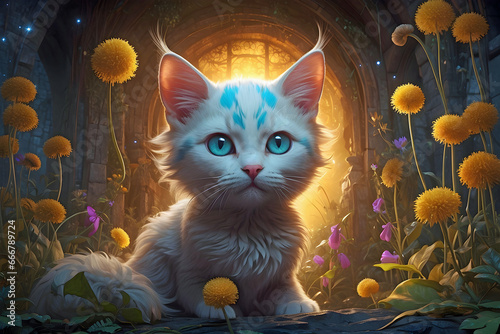 Beautiful Cat with Yellow Eyes Poised Amongs the Dandelions in a Colorful Field 003 Generative AI photo