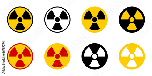 Nuclear Hazard Ionizing Radiation Trefoil Danger Black White Yellow and Red Symbol Sign Icon Set. Vector Image.	