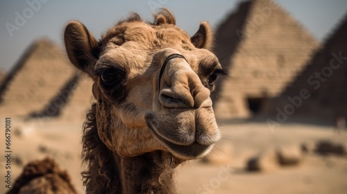 Camel in the pyramids. Travel Concept. Background with a copy space.