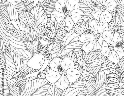 Flowers and leaves. Coloring page for children and adults.
