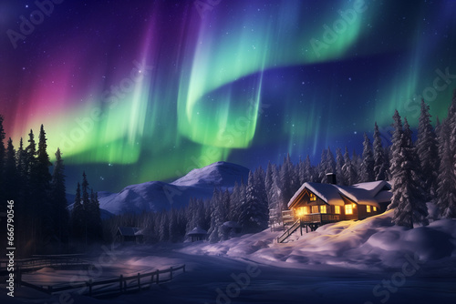 wooden house covered in snow at a cold winter evening on christmas holidays with beautiful purple and green aurora in the background created with Generative AI 