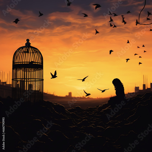 silhouette of a person sittingin a garden with a empty cage and free flying birds photo