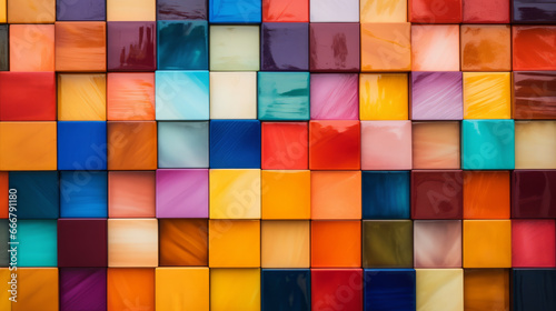 An abstract composition of colorful square shapes on a wall