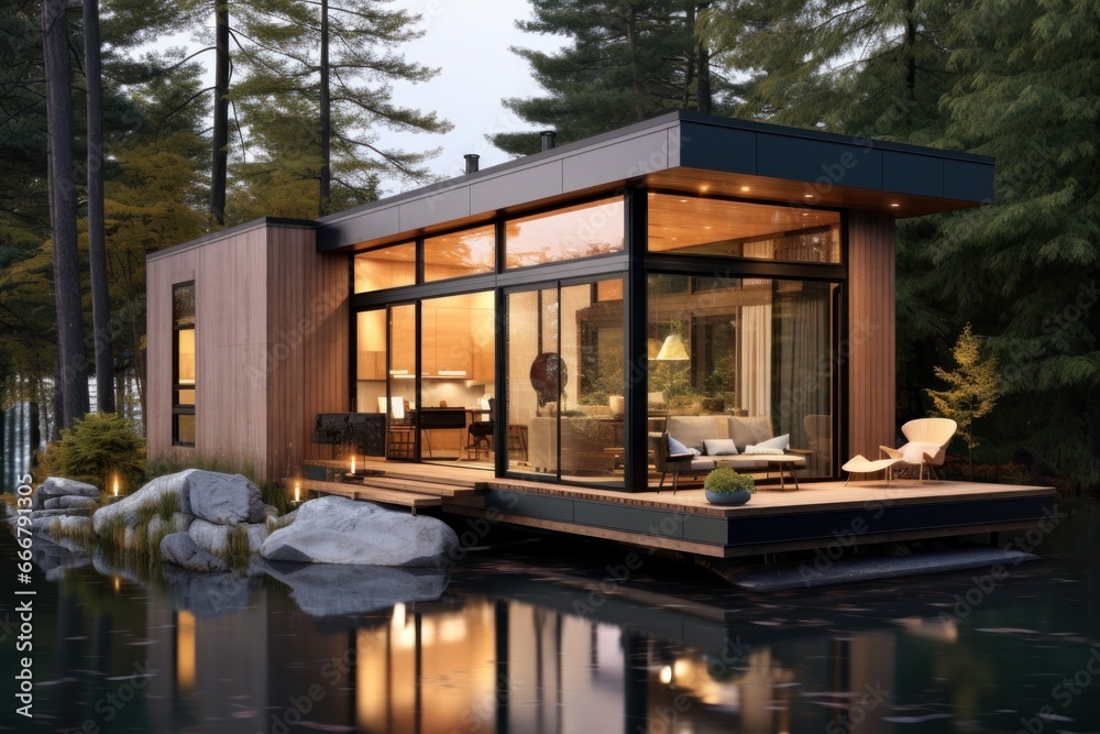 modern tiny house with glass front and gentle warm light. 