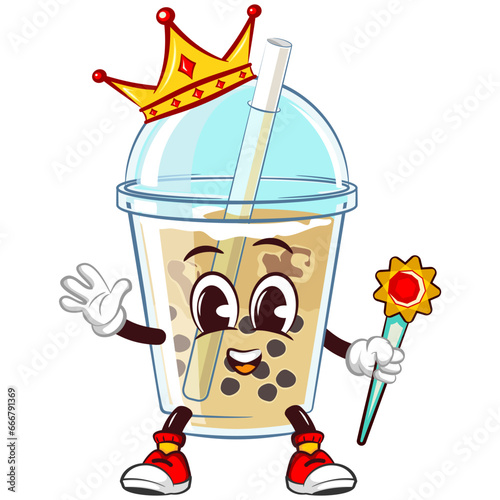 mascot character a glass of iced boba with a funny face of a king with a crown and a scepter. emoticon, cute glass of iced boba mascot