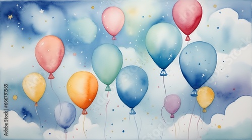 A whimsically enchanting watercolor painting depicts a serene sky adorned with fluffy clouds  vibrant balloons  and twinkling stars