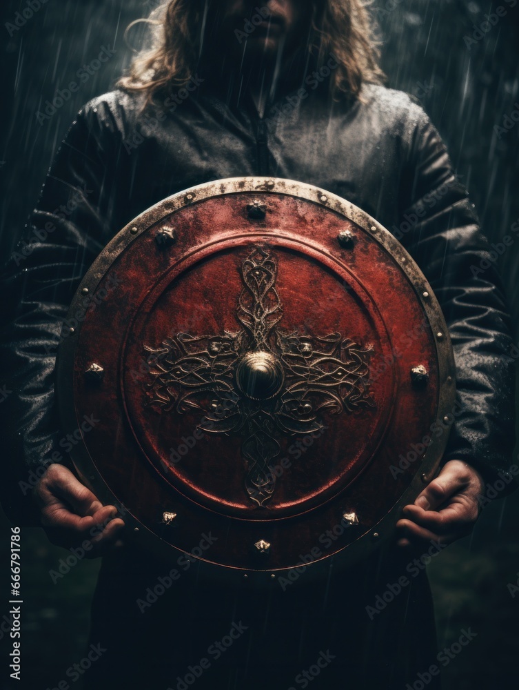 Naklejka premium knight holding a metal shield in his hands.
