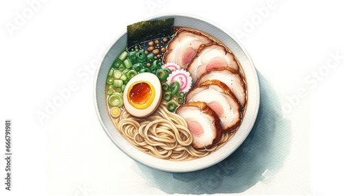 Bowl of steaming ramen with noodles, soft-boiled egg, and sliced chashu pork against a pristine white canvas, accentuated by rich shades.