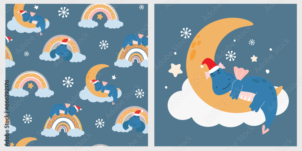 A cute little cartoon dragon sleeps on the moon. Baby pattern with fantasy animals, rainbow, stars and snowflakes. Vector graphics. A cute little cartoon dragon sleeps on the moon. Baby pattern with fantasy animals, rainbow, stars and snowflakes. Vector graphics.