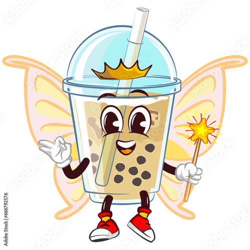 character mascot of a glass of boba ice with a cute face a flying fairy with crowned butterfly wings and carrying a magic wand, isolated cartoon vector illustration. emoticon, cute glass of iced boba 