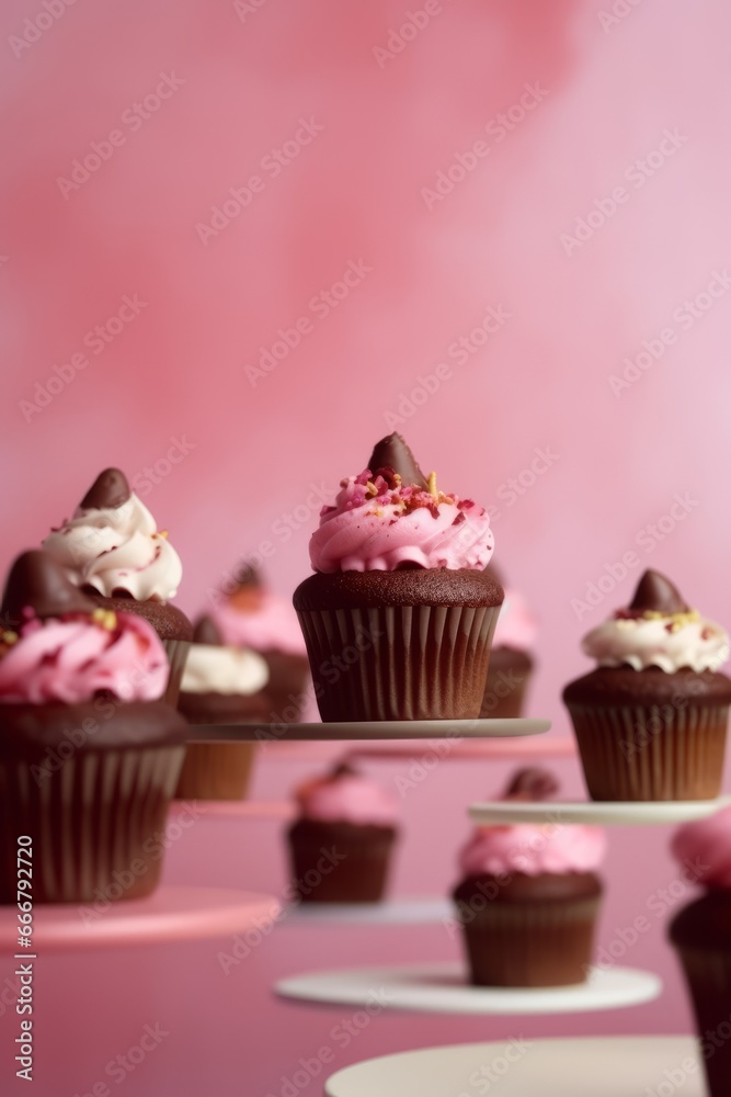 Flying cupcakes on the pink background, copy space. Generative AI