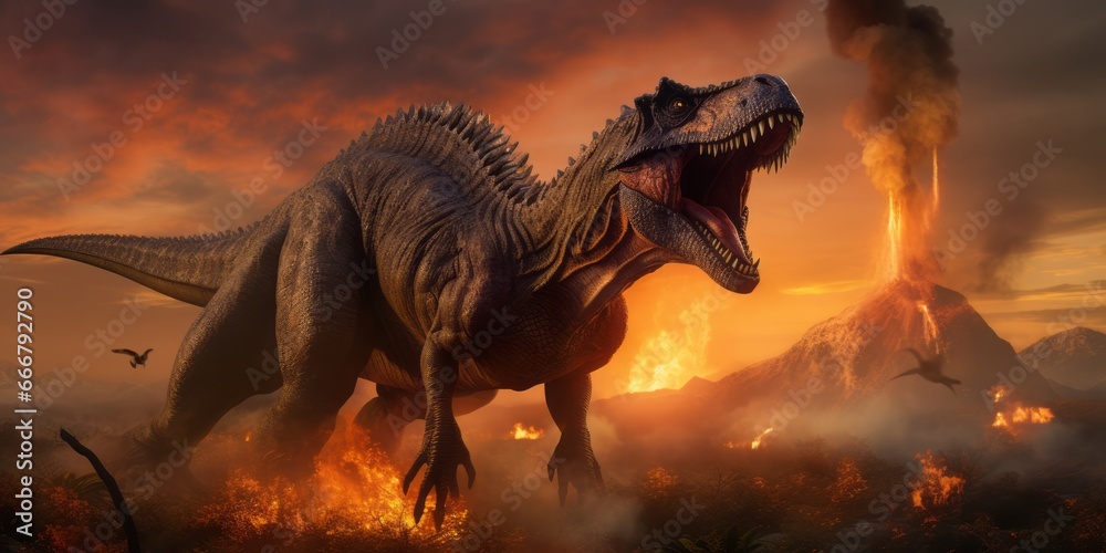 Naklejka premium T-Rex Stands in the Midst of Fire and Volcanic Eruption, Symbolizing the Catastrophic Conclusion of the Dinosaur Era, Triggered by a Meteorite Impact in the Cretaceous Period
