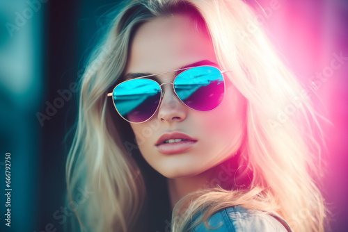 Beautiful young blond woman model posing outdoors. Generative AI © lanych