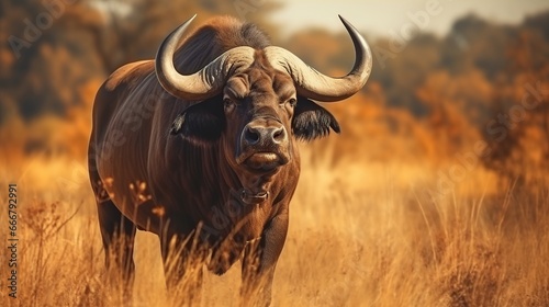 Big old Cape Buffalo Bull on savanna at sunset view nature background. AI generated image
