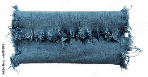 Piece of torn denim on a white background. Denim texture