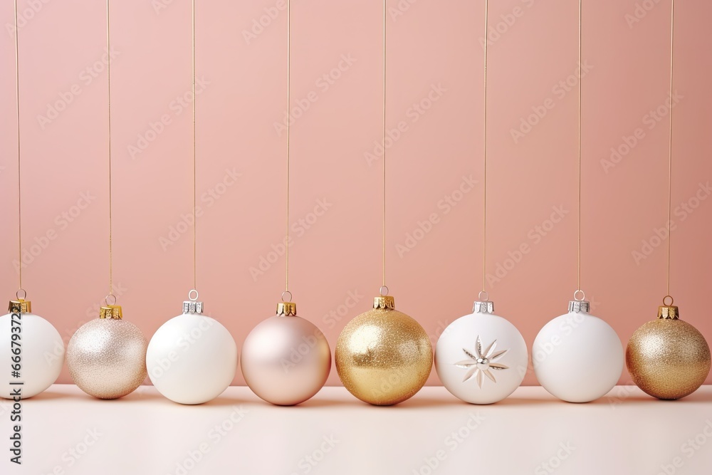 Christmas banner with white and golden baubles on colored monochrome pink background. Greeting card for Happy Xmas holiday. Invitation to party. Copy space. Christmas banner with white and golden baubles on colored monochrome pink background. Greeting card for Happy Xmas holiday. Invitation to party. Copy space.