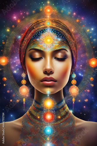 portrait of a woman symbolizing the expansion of consciousness, the universe