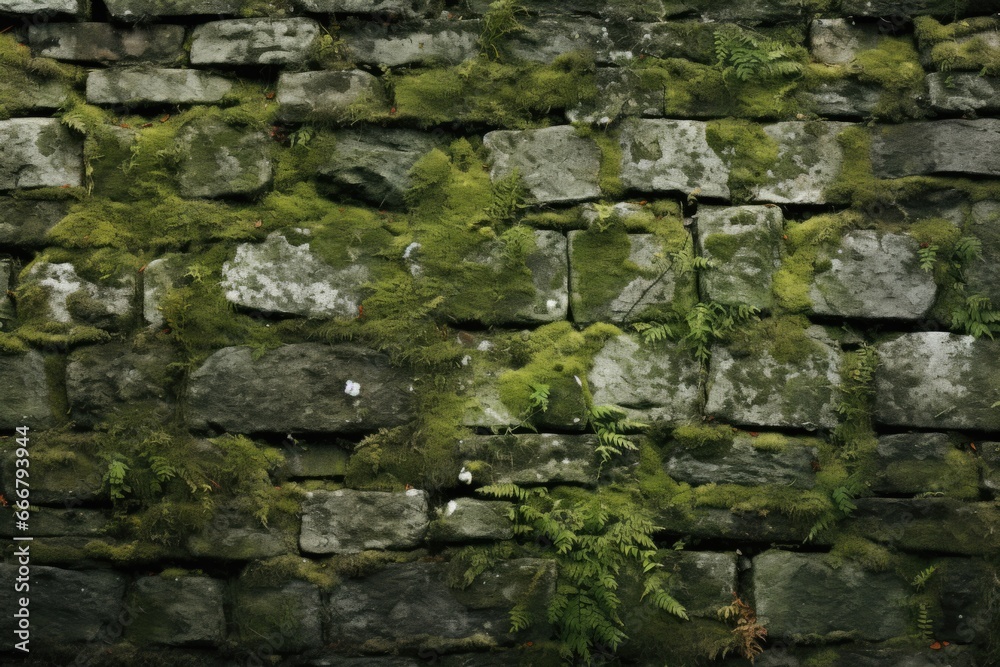 The old and weather-beaten stone partition adorned with moss and lichen, accentuating the surface's natural texture The old and weather-beaten stone partition adorned with moss and lichen, accentuating the surface's natural texture