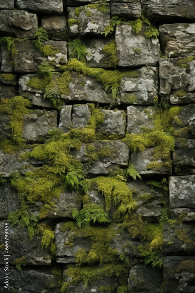 A timeworn stone wall, featuring the presence of moss and lichen, which enhances the authentic texture of the surface