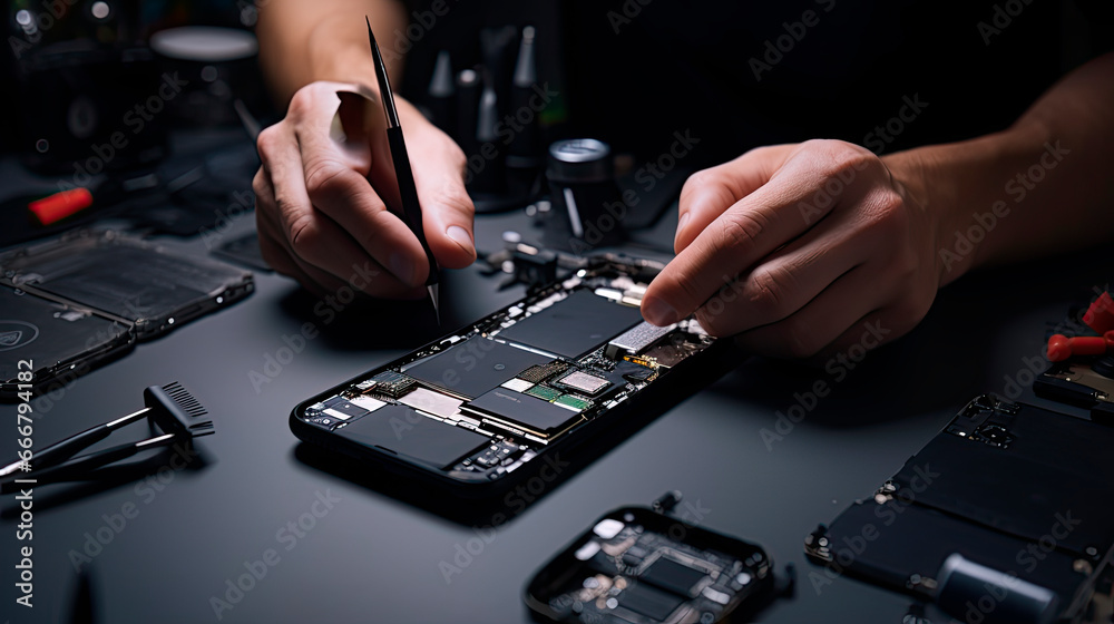close-up of a technician's hands repairing a smartphone close-up of a technician's hands repairing a smartphone