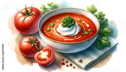 Bowl of classic tomato soup garnished with a dollop of cream and fresh parsley, highlighted by warm watercolor tones.
