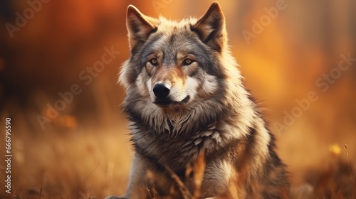 Furry dangerous iberian wolf in nature background. AI generated image