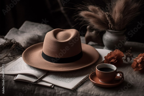 Cozy Hat, Coffee Cup, and Paper in Muted Earth Tones - Romantic Academia, Naturalist Aesthetic, Comfycore, Letterboxing, Monochromatic Masterpieces - Created with Generative AI Tools photo